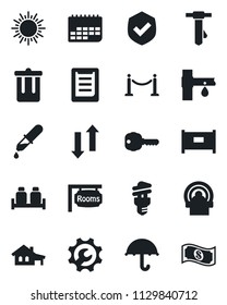 Set of vector isolated black icon - fence vector, trash bin, sun, tie, drip irrigation, dropper, tomography, term, clipboard, umbrella, shield, data exchange, root setup, house with garage, rooms