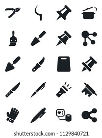 Set of vector isolated black icon - pen vector, drawing pin, trowel, pruner, glove, sickle, garden knife, blood pressure, themes, torch, rolling, cutting board, steaming pan, social media