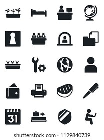 Set of vector isolated black icon - baggage conveyor vector, female, reception, globe, bed, pen, meeting, manager place, seedling, folder document, shield, network, user, calendar, root setup, steak
