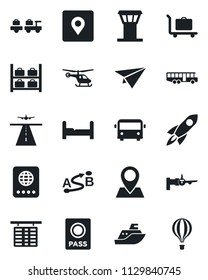 Set of vector isolated black icon - airport tower vector, runway, baggage trolley, bus, passport, larry, boarding, helicopter, flight table, luggage storage, pin, sea shipping, route, place tag