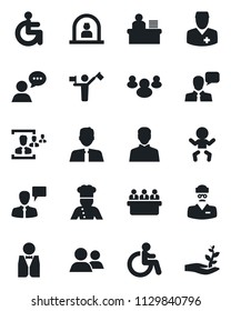 Set of vector isolated black icon - dispatcher vector, baby, disabled, reception, speaking man, meeting, doctor, speaker, group, user, hr, manager desk, estate agent, waiter, cook, palm sproute