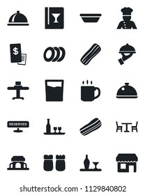 Set of vector isolated black icon - cafe vector, coffee, cook, dish, alcohol, restaurant table, wine card, reserved, drink, plates, bacon, waiter, salt and pepper, building, receipt, bowl