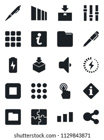 Set of vector isolated black icon - package vector, sorting, settings, touch screen, stop button, menu, folder, charge, application, pen, sound, information, social media