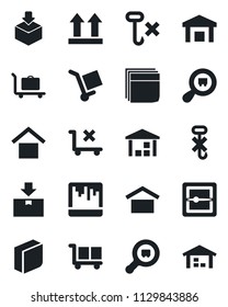 Set of vector isolated black icon - baggage trolley vector, cargo, warehouse storage, up side sign, no, hook, package, search, scanner, blank box