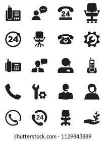 Set of vector isolated black icon - 24 around vector, office chair, phone, hours, support, speaker, radio, call, root setup, palm sproute