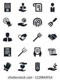 Set of vector isolated black icon - document vector, garden fork, farm, glove, heart hand, client, touch screen, fingerprint id, contract, waiter, remote control, handshake, investment, palm sproute