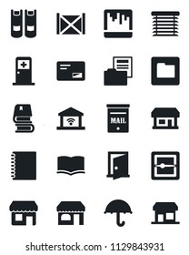 Set of vector isolated black icon - shop vector, medical room, book, store, container, umbrella, mail, scanner, folder, copybook, document, mailbox, jalousie, garage gate control, door, storefront
