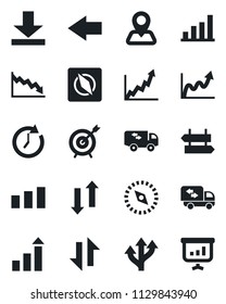 Set of vector isolated black icon - signpost vector, left arrow, growth statistic, route, navigation, sorting, data exchange, download, compass, bar graph, moving, target, clock, crisis