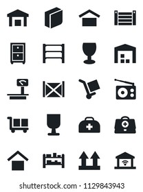 Set of vector isolated black icon - doctor case vector, container, fragile, cargo, warehouse storage, up side sign, heavy scales, rack, radio, blank box, archive, garage gate control
