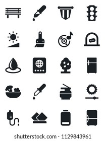 Set of vector isolated black icon - ticket office vector, passport, pennant, water drop, bench, dropper, traffic light, low battery, themes, brightness, music, copier, fruit tree, salad, serviette