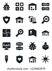 Set of vector isolated black icon - contract vector, statistic monitor, lady bug, plant label, heart diagnostic, shield, warehouse, package, search cargo, application, wine card, open close