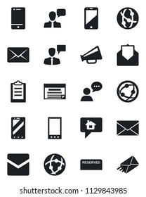 Set of vector isolated black icon - mobile phone vector, speaking man, mail, loudspeaker, network, cell, speaker, clipboard, reserved, home message, schedule