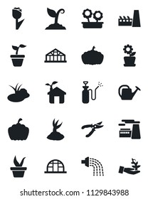 Set of vector isolated black icon - factory vector, seedling, watering can, sproute, pruner, pumpkin, greenhouse, pond, garden sprayer, tulip, flower in pot, eco house, palm