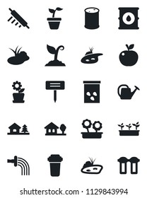 Set of vector isolated black icon - seedling vector, watering can, sproute, plant label, seeds, pond, oil barrel, house with tree, flower in pot, rolling pin, apple fruit, water filter
