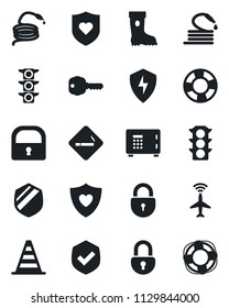 Set of vector isolated black icon - plane radar vector, smoking place, border cone, safe, lock, boot, hose, heart shield, traffic light, protect, key, crisis management