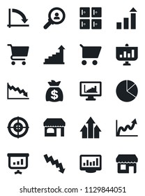 Set of vector isolated black icon - shop vector, checkroom, growth statistic, money bag, crisis graph, monitor statistics, pie, target, consumer search, arrow up, cart, presentation, storefront