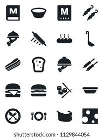 Set of vector isolated black icon - spoon and fork vector, cafe, menu, bacon, waiter, bread, chicken, kebab, hamburger, ladle, bowl, rolling pin, sushi, cheese