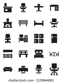 Set of vector isolated black icon - cafe vector, checkroom, office chair, desk, bench, fireplace, bedroom, cushioned furniture, restaurant table, alcove, fridge