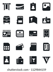Set of vector isolated black icon - credit card vector, identity, medical calendar, gallery, sd, sim, archive box, wine, pass, wallet, pennon