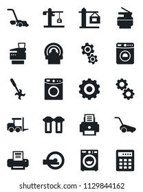 Set of vector isolated black icon - washer vector, fork loader, gear, lawn mower, ripper, tomography, printer, copier, crane, water filter, combination lock
