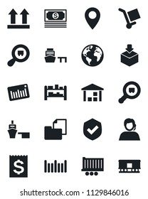 Set of vector isolated black icon - earth vector, pin, cash, support, truck trailer, receipt, sea port, folder document, cargo, up side sign, warehouse, package, shield, search, barcode, rack