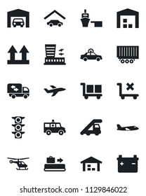Set of vector isolated black icon - baggage conveyor vector, alarm car, ladder, plane, helicopter, airport building, ambulance, traffic light, truck trailer, sea port, cargo, up side sign, garage