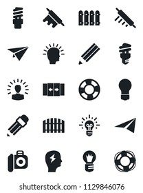 Set of vector isolated black icon - automatic door vector, brainstorm, bulb, camera, pencil, fence, rolling pin, energy saving, shining head, idea, paper plane, crisis management