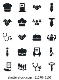 Set of vector isolated black icon - medical room vector, handshake, team, tie, document, stethoscope, meeting, cook hat, case