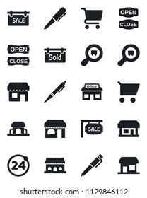 Set of vector isolated black icon - 24 around vector, shop, pen, store, search cargo, sale, sold signboard, cafe building, open close, cart, storefront