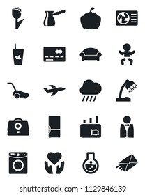 Set of vector isolated black icon - waiting area vector, credit card, baby, lawn mower, rain, pumpkin, doctor case, heart hand, plane, tulip, desk lamp, mail, fridge, waiter, phyto bar, washer