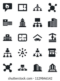 Set of vector isolated black icon - hierarchy vector, well, molecule, hospital, office building, garage, plan, home message