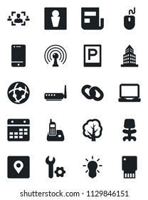 Set of vector isolated black icon - parking vector, male, office chair, mouse, tree, antenna, cell phone, laptop pc, radio, chain, network, calendar, place tag, root setup, building, news, hr, bulb