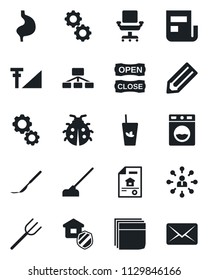 Set of vector isolated black icon - hierarchy vector, pencil, farm fork, lady bug, hoe, scalpel, stomach, cellular signal, news, office chair, blank box, estate document, insurance, phyto bar, gear