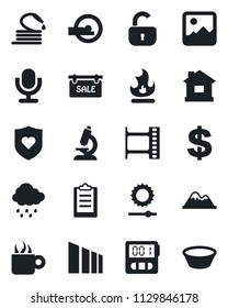Set of vector isolated black icon - dollar sign vector, fire, house, rain, hose, microscope, tomography, heart shield, sorting, film frame, microphone, gallery, stopwatch, brightness, clipboard