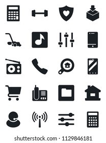 Set of vector isolated black icon - antenna vector, mobile phone, lawn mower, barbell, heart shield, support, package, radio, cell, call, tuning, folder, music, house, estate search, cart