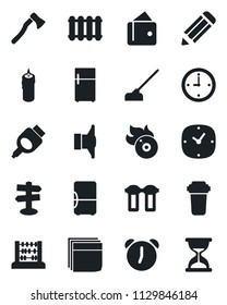 Set of vector isolated black icon - abacus vector, pencil, hoe, axe, signpost, flame disk, speaker, hdmi, clock, alarm, blank box, candle, water filter, radiator, fridge, wallet, sand