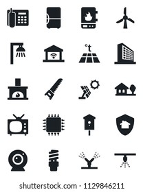 Set of vector isolated black icon - office building vector, saw, bird house, phone, with tree, fireplace, tv, chip, irrigation, water heater, web camera, warm floor, energy saving bulb, outdoor lamp