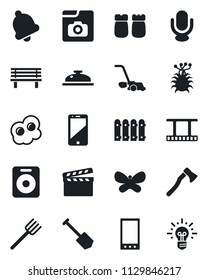 Set of vector isolated black icon - job vector, farm fork, lawn mower, butterfly, axe, bench, virus, clapboard, film frame, microphone, cell phone, speaker, mobile, bell, photo gallery, fence, idea