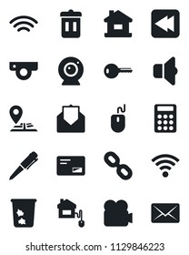 Set of vector isolated black icon - trash bin vector, mouse, pen, navigation, video camera, chain, mail, rewind, wireless, calculator, house, key, home control, web, sound