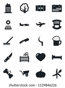 Set of vector isolated black icon - automatic door vector, bed, plane, rake, tree, wheelbarrow, sickle, garden knife, pumpkin, broken bone, heart, calendar, sun panel, children room, city house