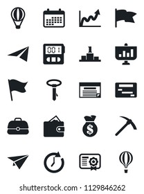 Set of vector isolated black icon - stopwatch vector, wallet, money bag, clock, growth graph, calendar, flag, case, paper plane, schedule, certificate, pedestal, presentation, tie, hard work