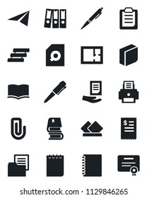 Set of vector isolated black icon - book vector, pen, notepad, document, folder, clipboard, copybook, paper clip, search, blank box, binder, printer, tray, plan, restaurant receipt, serviette, plane