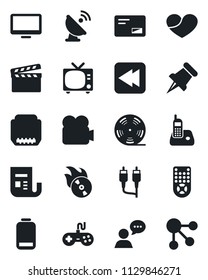 Set of vector isolated black icon - tv vector, satellite antenna, clapboard, reel, flame disk, news, gamepad, video camera, remote control, speaker, monitor, radio phone, heart, paper pin, mail, rca