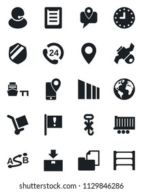 Set of vector isolated black icon - earth vector, pin, important flag, satellite, 24 hours, support, mobile tracking, truck trailer, clock, sea port, clipboard, folder document, cargo, no hook, rack