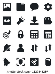 Set of vector isolated black icon - message vector, gallery, settings, user, calculator, bell, record, folder, data exchange, download, torch, mute, cut, lock, face id, music, video, battery