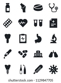 Set of vector isolated black icon - heart pulse vector, diagnosis, stethoscope, blood test vial, dropper, thermometer, microscope, pills, blister, ampoule, stomach, lungs, implant, joint, clipboard