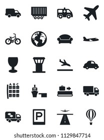 Set of vector isolated black icon - plane vector, airport tower, runway, arrival, baggage conveyor, parking, waiting area, seat map, ambulance car, bike, earth, truck trailer, delivery, sea port