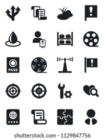 Set of vector isolated black icon - passport vector, luggage storage, contract, water drop, pond, heart diagnostic, patient, route, important flag, reel, antenna, application, root setup, target