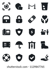 Set of vector isolated black icon - fence vector, passport control, security gate, trash bin, safe, boot, patch, heart shield, hand, umbrella, protect, lock, eye id, intercome, home, palm sproute