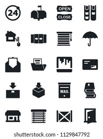 Set of vector isolated black icon - 24 around vector, automatic door, store, container, umbrella, package, mail, scanner, document folder, book, mailbox, open close, home control, jalousie